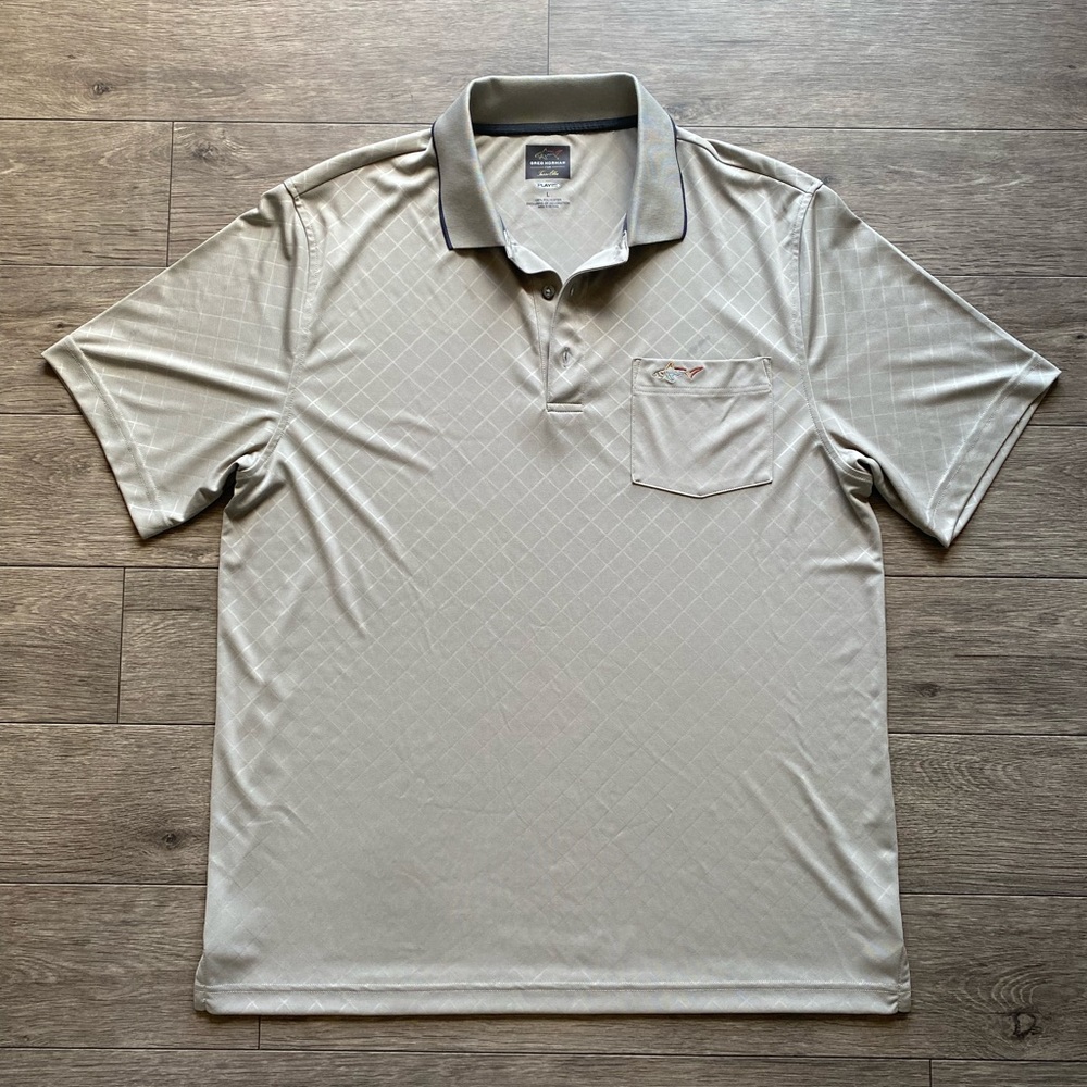 Greg Norman Tasso Elba Golf Polo Beige Men’s Large Geometric Design